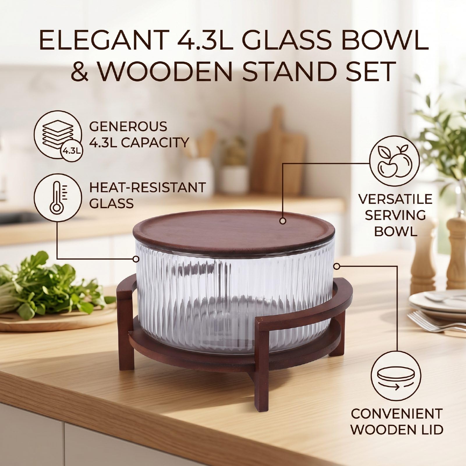 Fockety Ensaladera de Vidrio, Ensaladera de 4,3 L con Tapa y Base de Madera para Ensaladas, Pasta, Frutas y Aperitivos, Decorativa, Cuenco de Vidrio para Mezclar