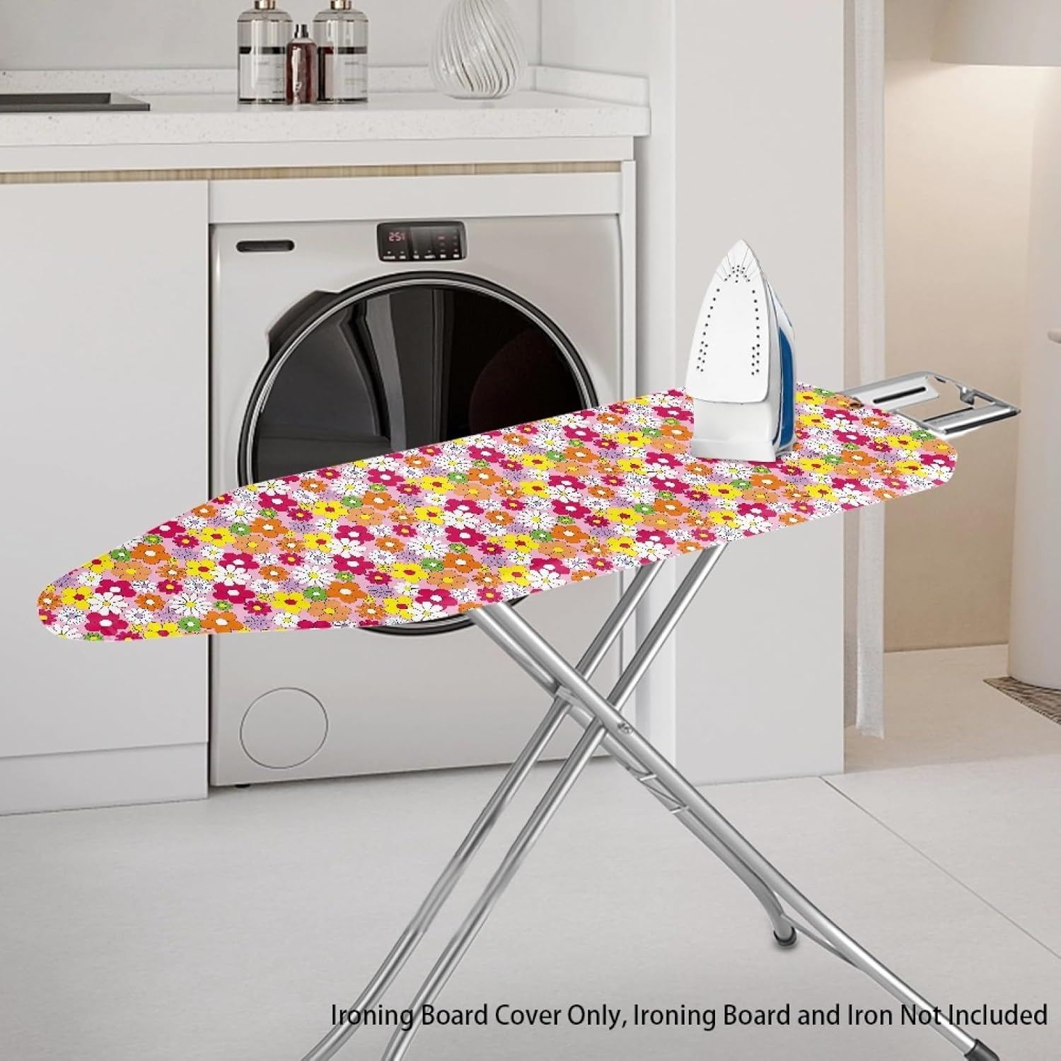 Flowers Ironing Board Cover,16"x55" Standard Ironing Board Cover with Elastic Edge and Hook and Loop Fasteners, Scorch & Stain Resistant, Polyester Home Ironing Board Covers, Retro Floral