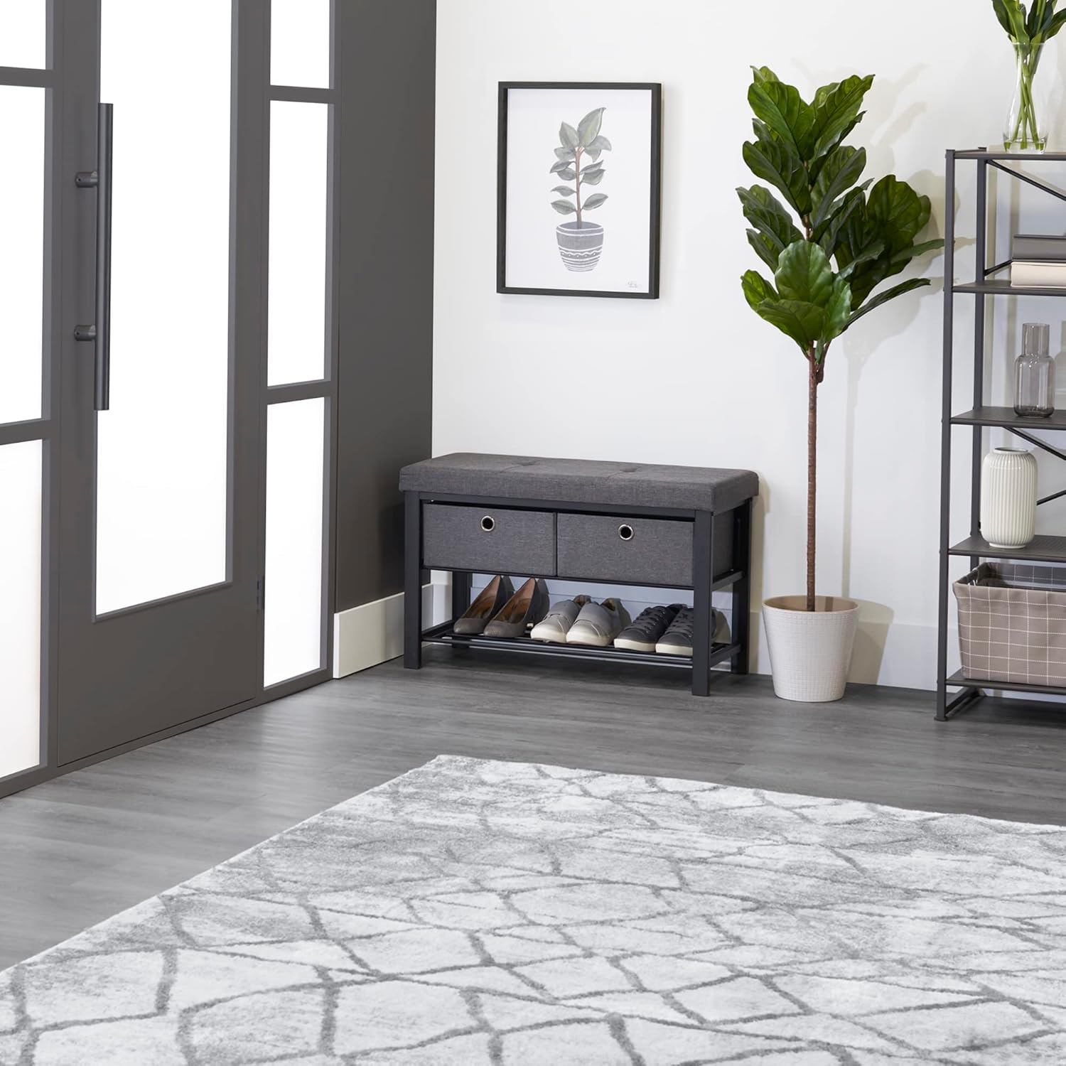 Charcoal Upholstered Shoe Storage Bench with Drawers