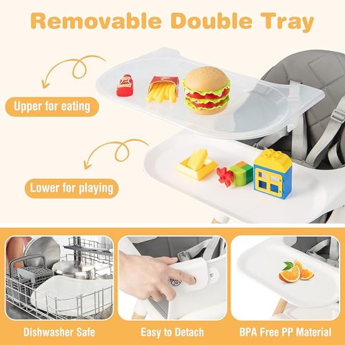 Miniatura 3 de BABY JOY Silla alta para bebé, silla alta convertible 6 en 1 de madera para bebés y niños pequeños con patas ajustables, doble bandeja extraíble,