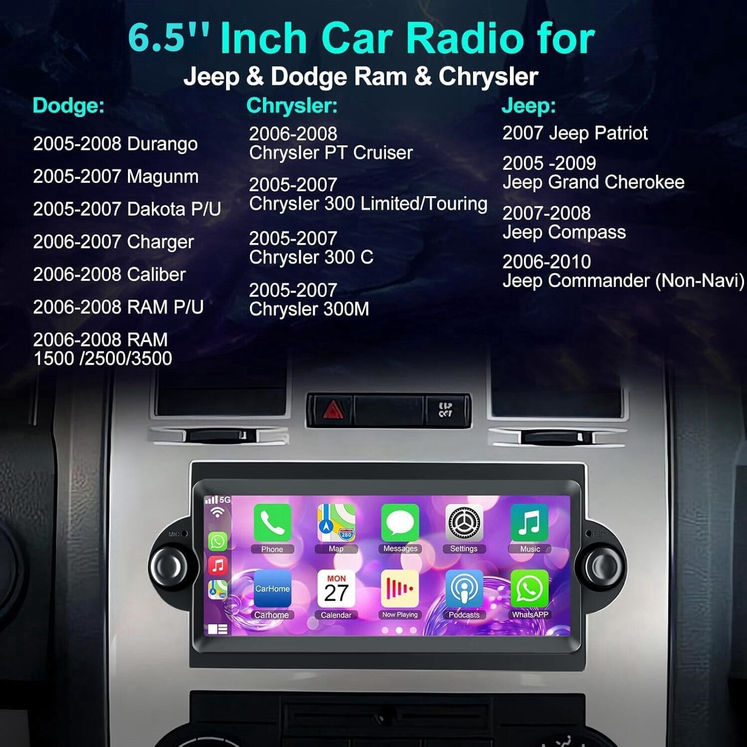 6.5 Android 13 Car Radio Stereo for Dodge Ram 1500 2500 3500 2006-2008 for Dodge Durango 2005-2008 for Chrysler 300 300C 300M 2005-2007 for Jeep Grand Cherokee 2005-2007 with CarPlay Android Auto GPS