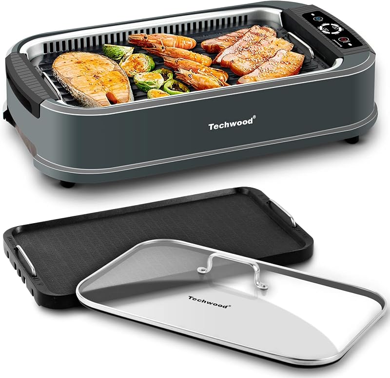 Indoor Grill Smokeless Grill, 1500W Indoor Korean BBQ Electric Tabletop Grill with Tempered Glass Lid, Removable Grill and Griddle Plates with Drip Tray, Gray
