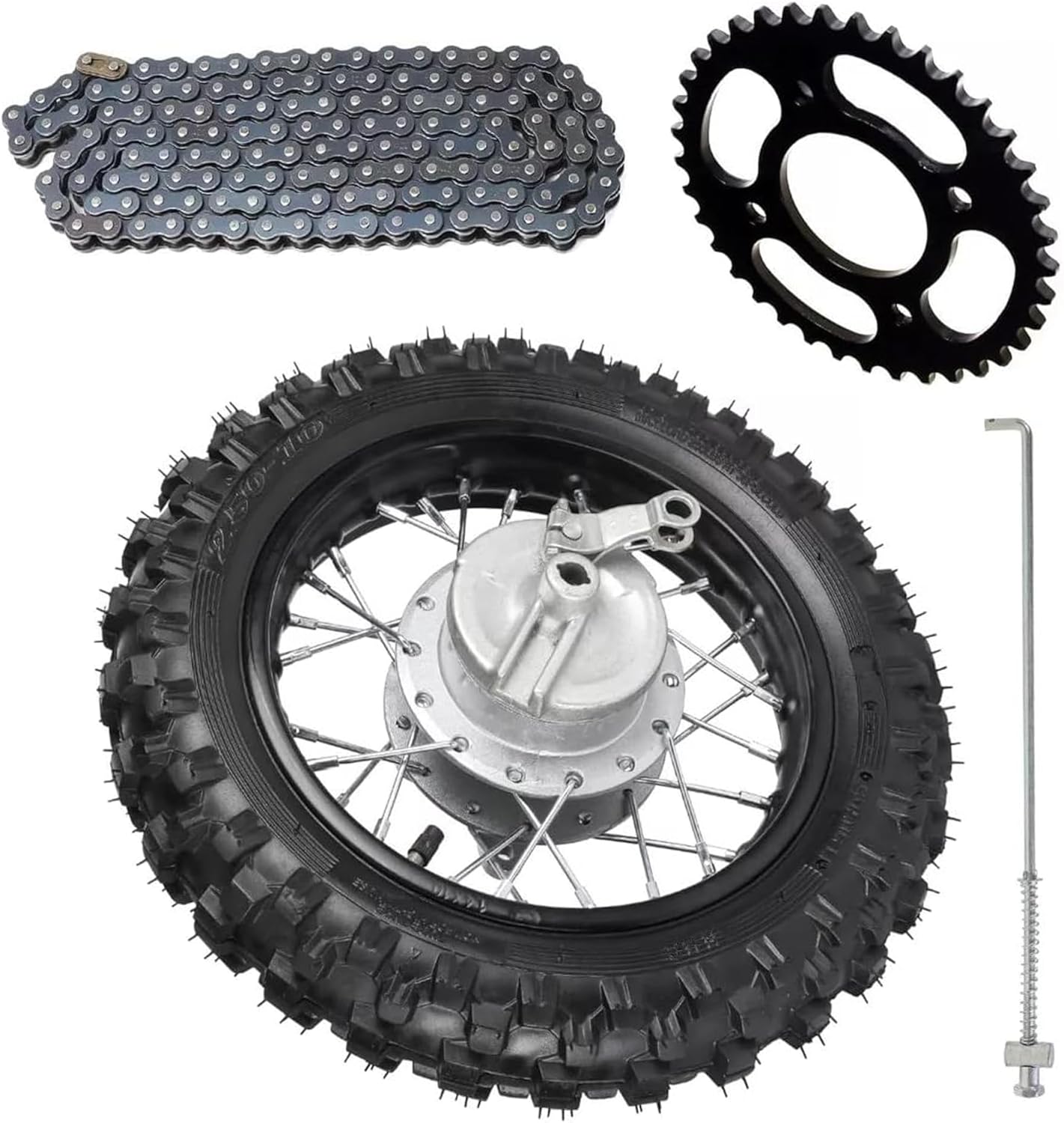 2.50-10 inch Rear Tire & Wheel Assembly with Drum Brake, 37T Sprocket & 420 Chain for 50cc 70cc 110cc Dirt Pit Bike TaoTao Coolster Apollo SSR CRF50 XR50 PW50 TTR50 Baja DR49 Offroad Replacement