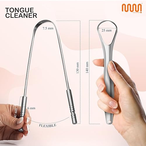 Miniatura 2 de MasterMedi - Raspador de lengua para adultos de 100% acero inoxidable, con estuches multicolor (paquete de 2 unidades), reduce el mal aliento y es