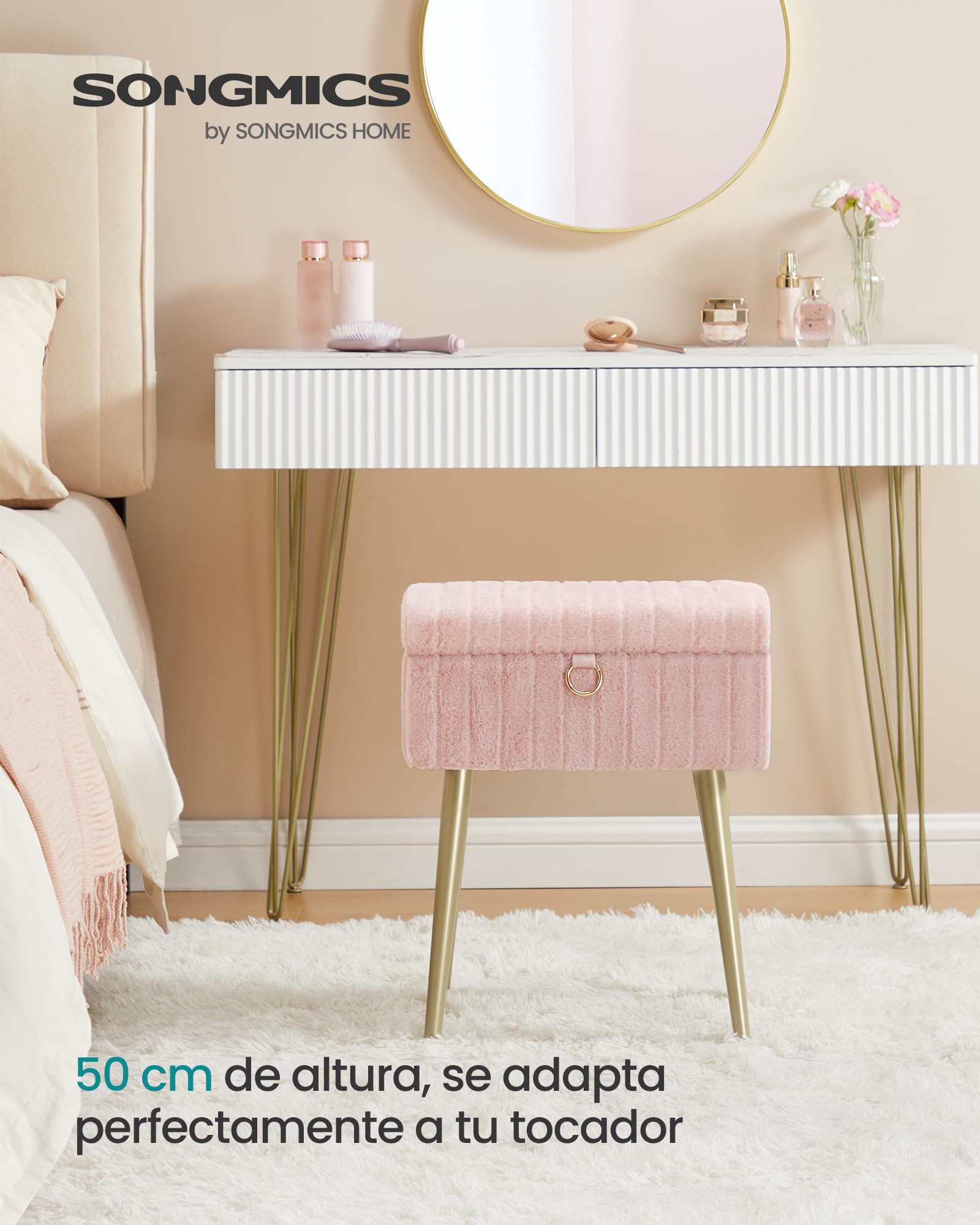 SONGMICS Taburete de Tocador, Banco de Maquillaje con Espacio, Reposapiés, Patas de Metal, Acolchado, Pies Ajustables, para Sala de Estar, Dormitorio, Rosa Jalea LOM505SZ02
