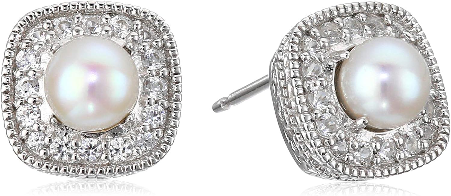 Amazon Essentials Sterling Silver Cushion Cut Birthstone and Created White Sapphire Halo Stud Earrings