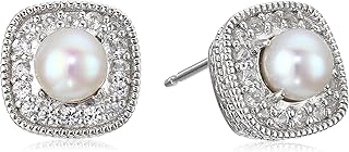 Amazon Collection Sterling Silver Cushion Cut Birthstone and Created White Sapphire Halo Stud Earrings