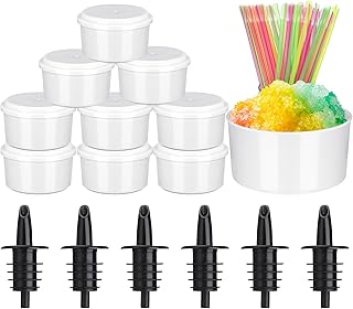 Shaved Ice Supplies 10 Pcs Hawaiian Freezer Molds with Lids 6 Pcs Syrup Bottle Pourers 50 Spoon Straws for Snow Cone & Drink Flavors for Kitchen Family Shaved Ice Making