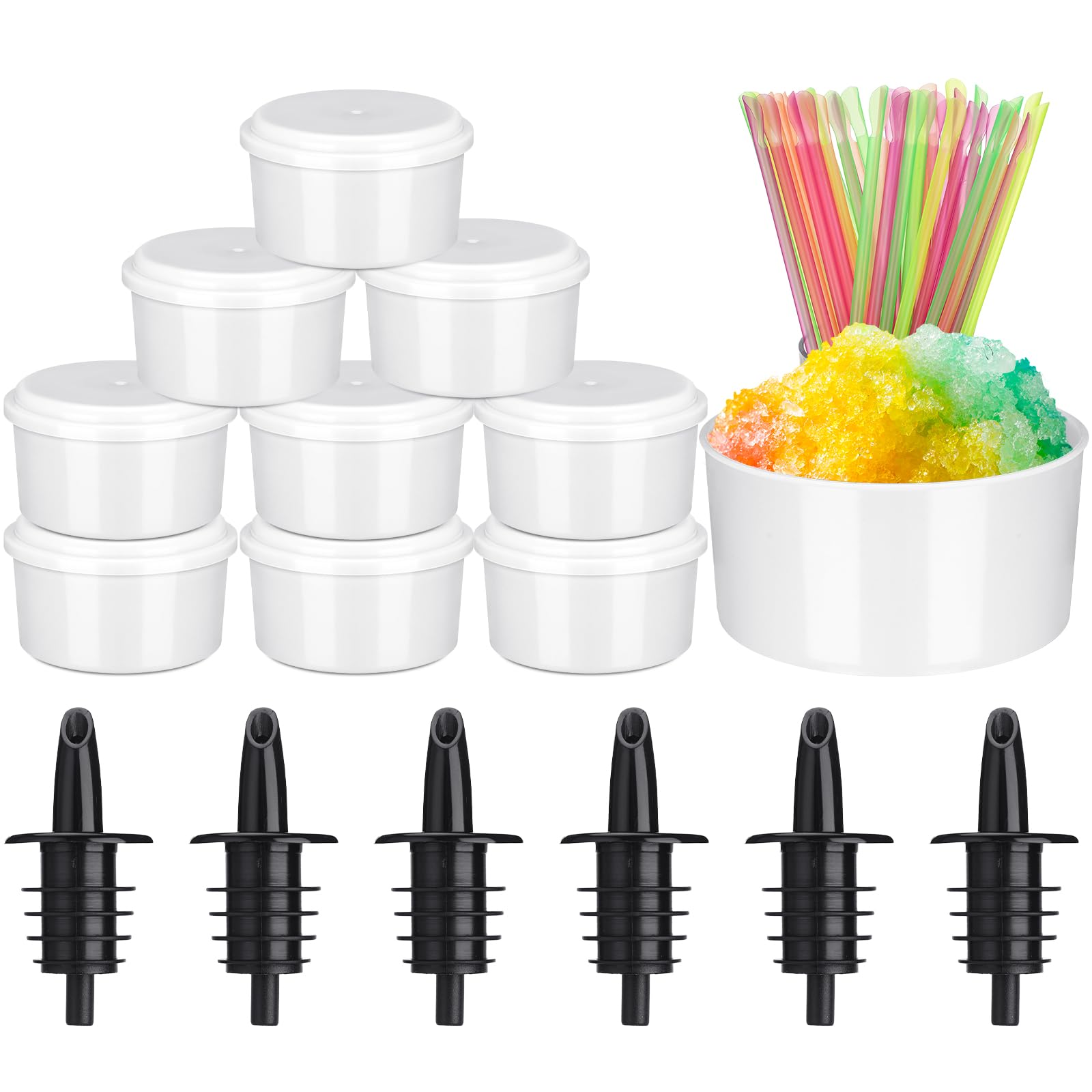 Reallnaive Shaved Ice Supplies 10 Pcs Hawaiian Freezer Molds with Lids 6 Pcs Syrup Bottle Pourers 50 Spoon Straws for Snow Cone & Drink Flavors for