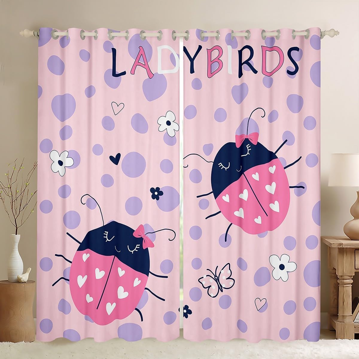 Cute Ladybug Kids Window Curtains,Cartoon Ladybirds Garden Animal Rustic Window Drapes for Girls Women,Geometric Wave Points Pink Purple Window Treatments Grommet Top 2 Panel Set,38Wx45L inch