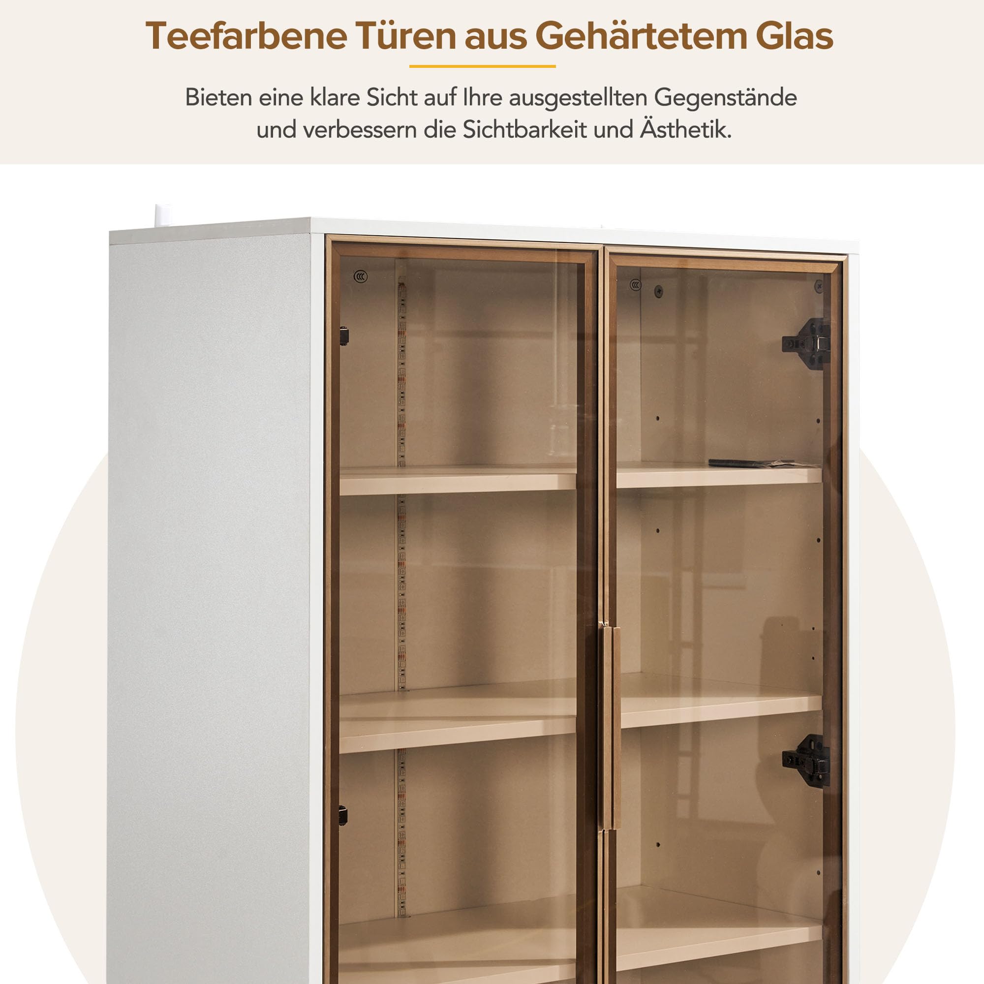 Elegante vitrina de cristal con dos puertas, 70 x 35 x 150 cm, puertas de cristal, patas doradas, estantes móviles, luz LED, armario alto