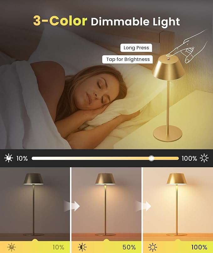 LOFTEK LOFTEK Cordless Table Lamp 2 Pack, 5200mAh Battery, 3 Adjustable Height, 3 Colors Smooth Dimming, Outdoor LED Light Waterproof for Dining Room, Bedroom, Bar, Restaurant, Patio, Camping (Gold) photo 6