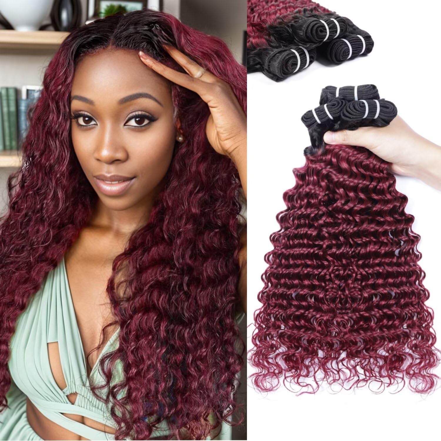 Amazon.com : Burgundy Bundles Human Hair 3 Deep Wave Curly  display picture 1