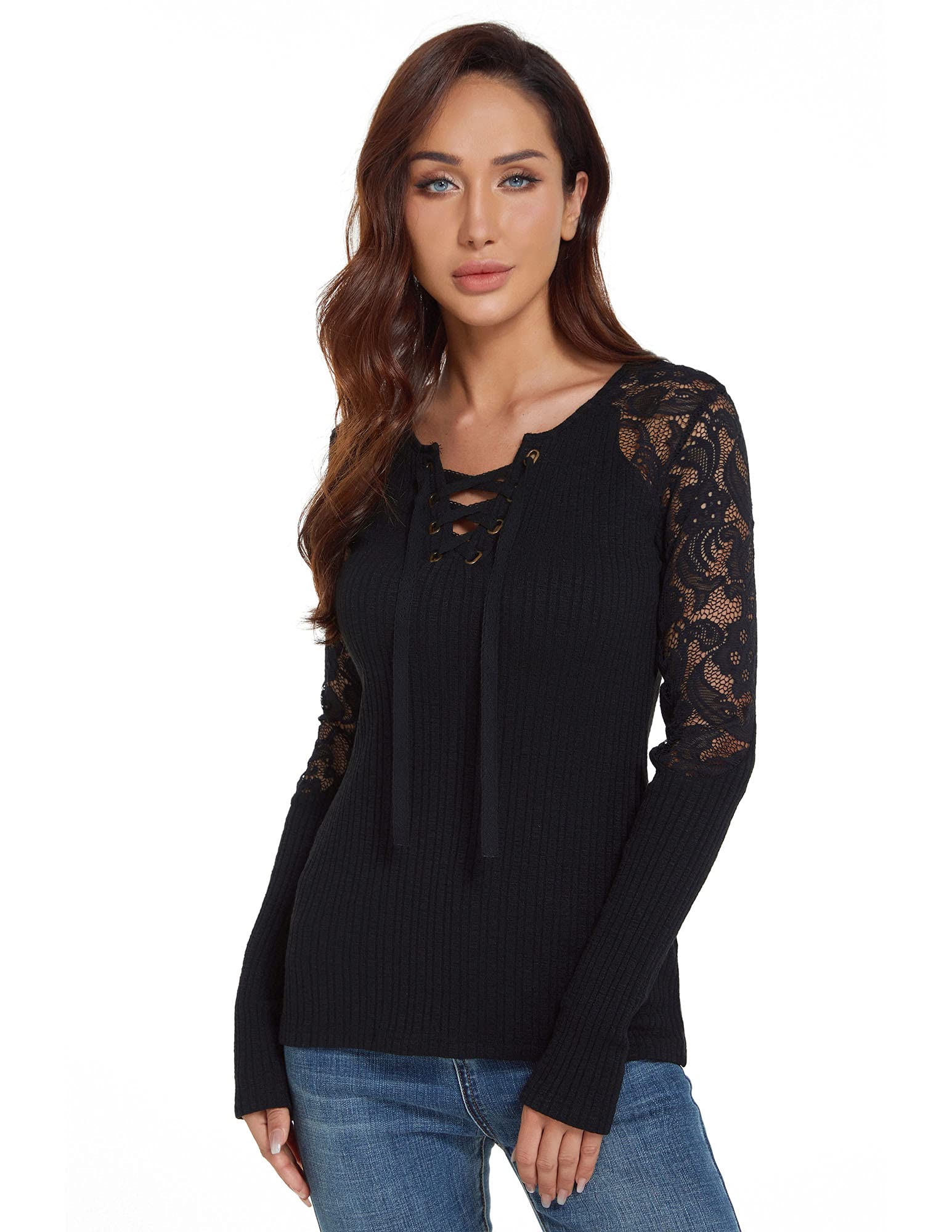 AmélieBoutik Women Floral Lace Inset Lace Up Ribbed Long Sleeve Knit Top, Black, XS