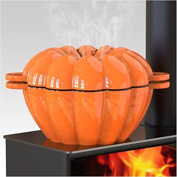 Wood Stove Steamer, Cast Iron Fireplace Humidifier, Pumpkin Shape, 2.4 Quart Large Capacity, Orange, Electricity-Free Operation, Fireplace Accessories for Decoration and Gifts