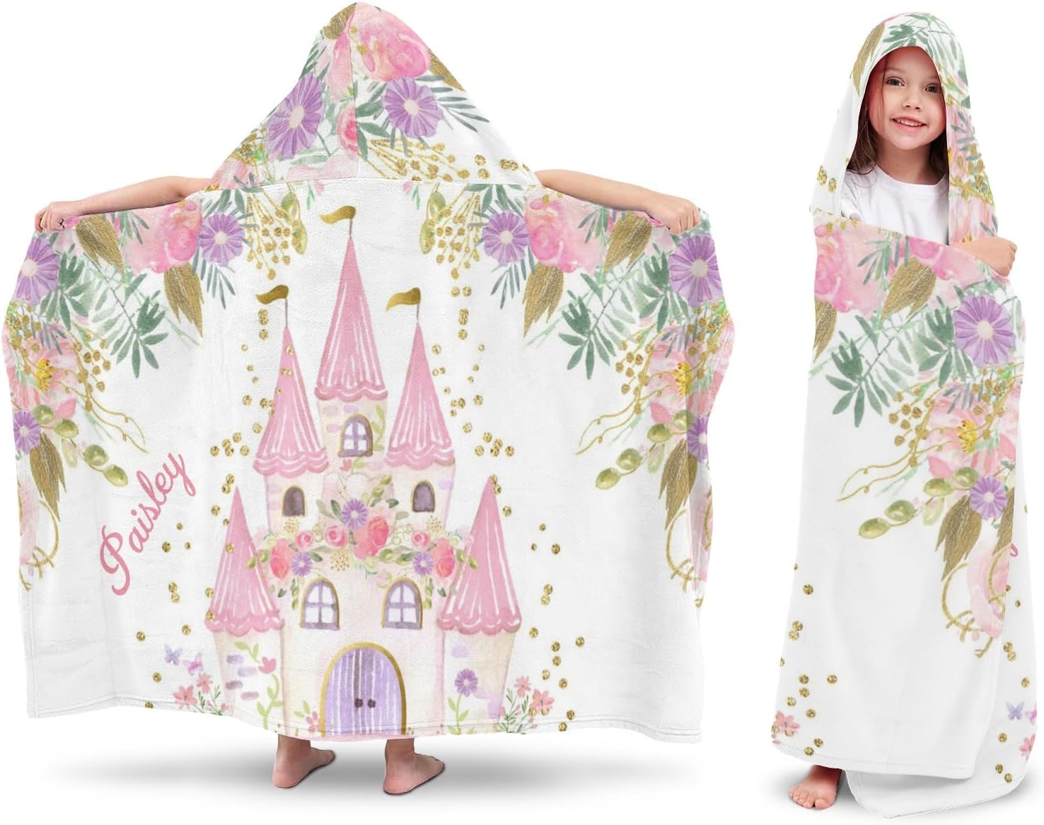 Personalized Princess Floral Castle Beach Towel with Hood for 3-12 Years Boys Girls Hooded Towels Bath Robe for Kids