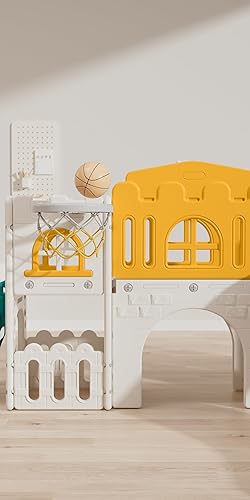 Miniatura 8 de Tobogán 10 en 1 para niños pequeños, de 1 a 3 años con columpio, aro de baloncesto y telescopio, tobogán para niños pequeños, juego para interiores