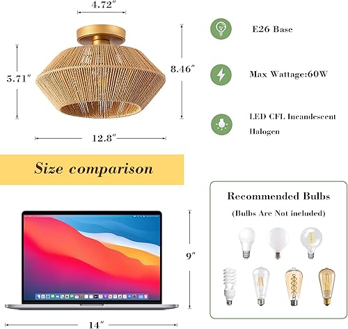 Miniatura 3 de Imitation Rattan Flush Mount Ceiling Light, Hand-Woven Shrouded Hallway Ceiling Light Fixtures Farmhouse Chandeliers Antique Brass Brush Paint