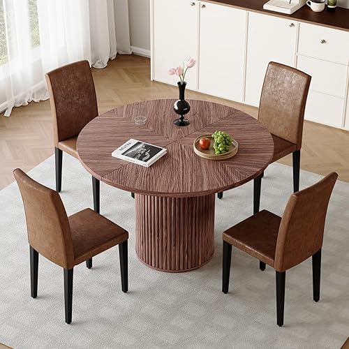 Miniatura 21 de Juego de mesa de comedor redonda para mesa de comedor de madera acanalada de 4,42 pulgadas para 4 con pedestal cilíndrico, juego de mesa y sillas de