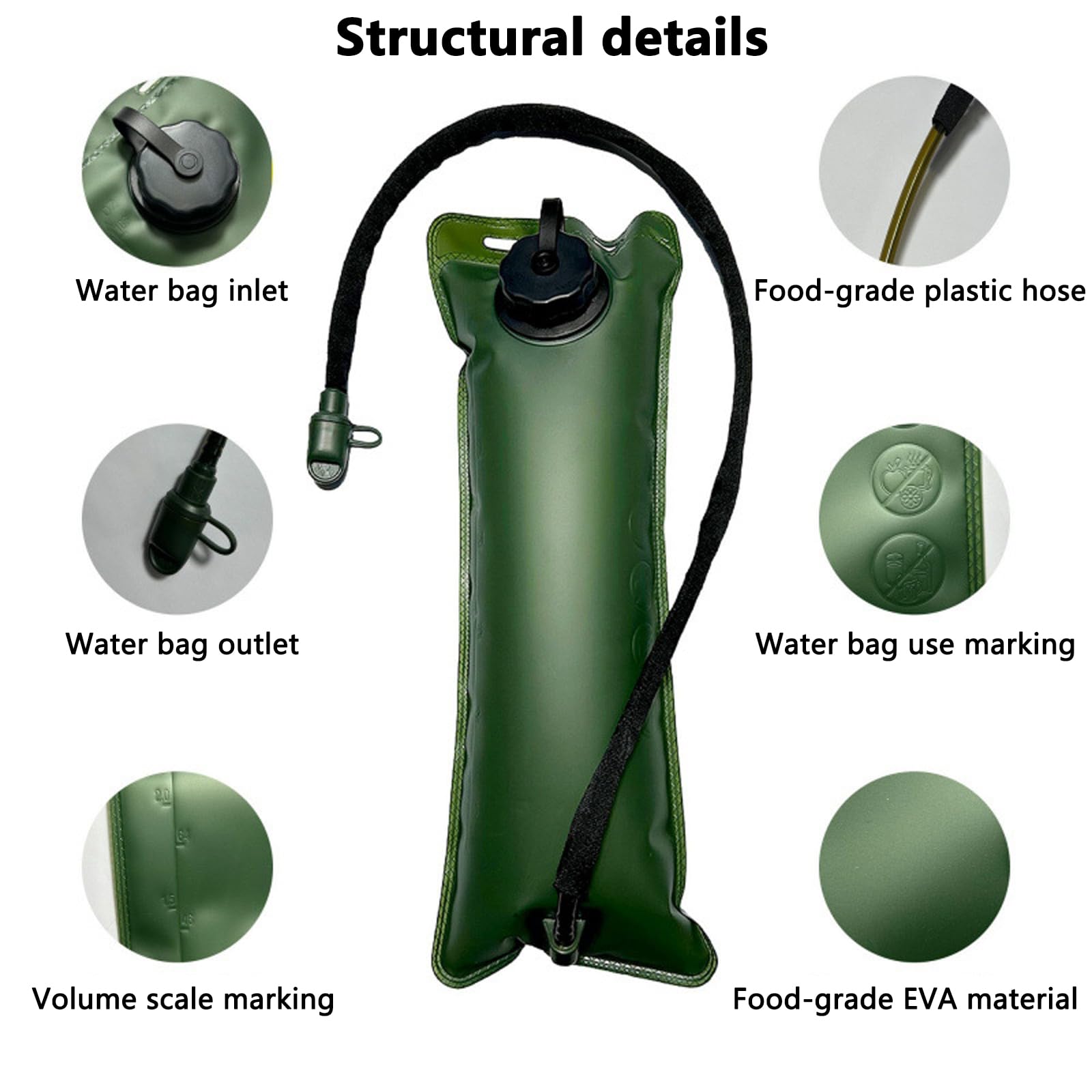 2L Bolsa de Agua Portátil, sin BPA, antibacteriana, con Doble Cierre de Agua y Manguera de hidratación Resistente, Mochila, Senderismo, Actividades al Aire Libre y Deportes
