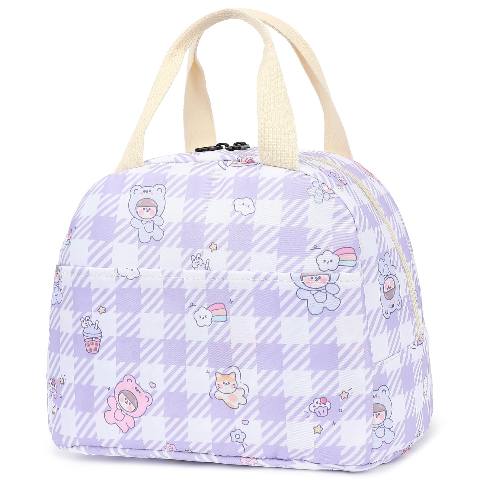 Dezcrab Lunch Bag for Girls Women, Cute Insulated Leakproof Lunch Box Container Reusable Cooler Lunch Tote Bag for Teens Kids Adults School Travel Picnic (Cute Checkered Purple)