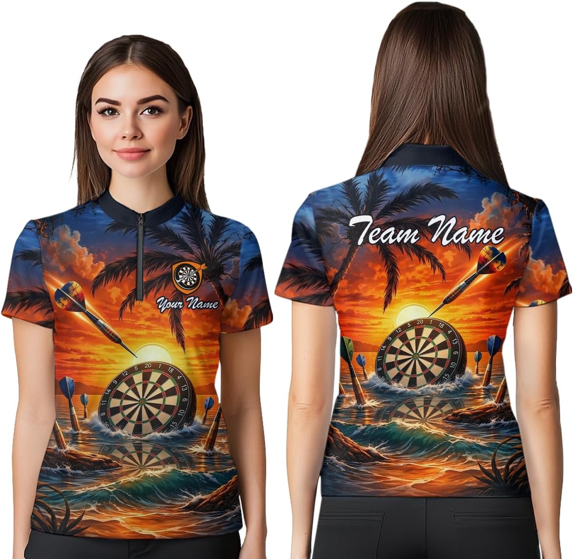 Custom Dart Team Shirts for Men & Women Polo & 1/4 Zip Dart Jersey Sunset Tropical Design Dartboard Shirt