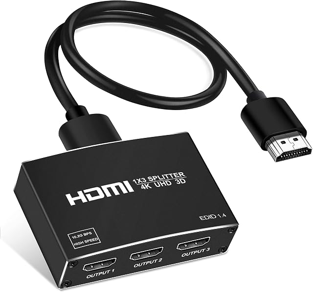 4K HDMI Splitter 1 in 3 Out with 1.2m HDMI Cable, 1×3 HDMI Splitter Just Duplicate, Not ExtendSupport 4K@30HZ, 1080P, 3D, HDR, Doby-TrueHD for Xbox PS5/4 Fire Stick Roku Blu-Ray DVDwith USB Cable