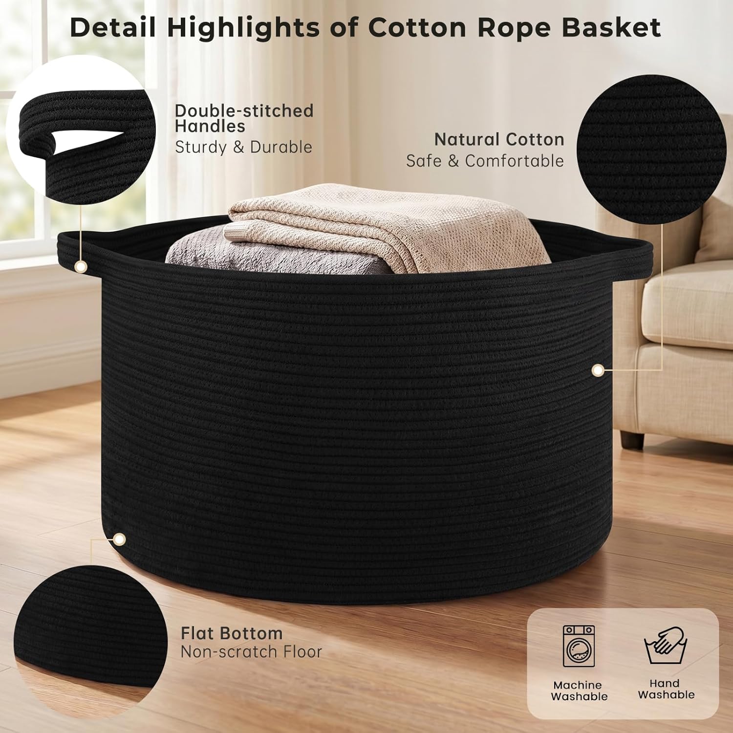 OIAHOMY 90L Blanket Basket for Living Room, Large Basket 23" x 23" x 13" with Handle, Laundry Hamper for Blankets, Pillows, Toy Storage for Kids, Dogs - Black