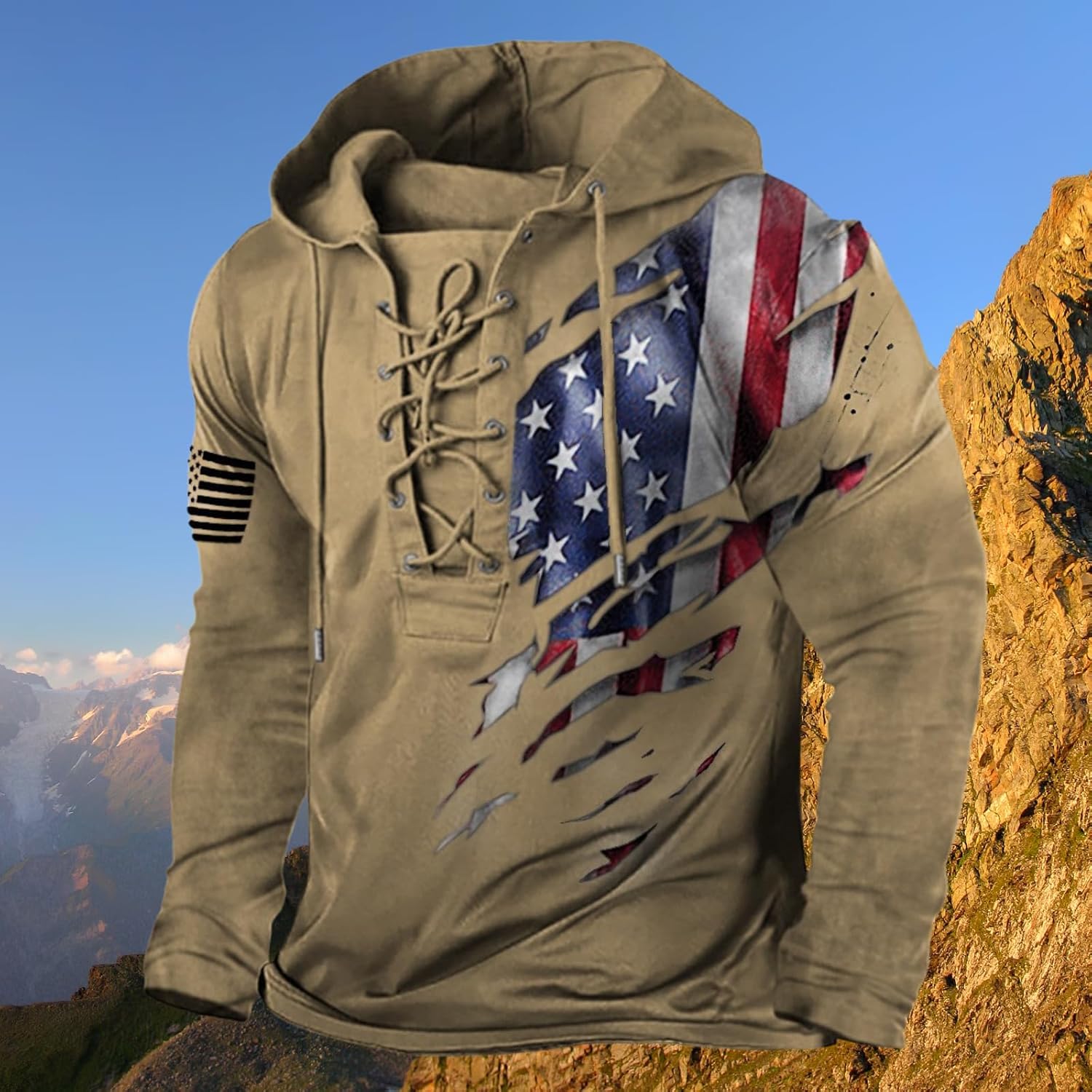 Bengbobar Men's Military Tactical Hoodies Retro Distressed American Flag Print TieUp Pullover Trainning Camping Sweatshirt
