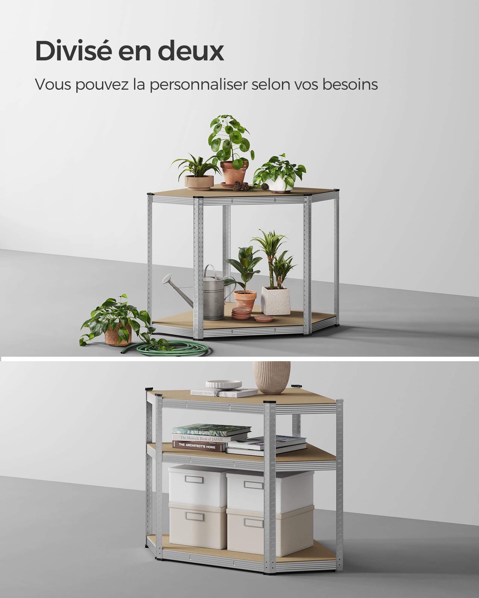 SONGMICS Étagères d’Angle à 5 Niveaux, Étagères de Rangement en Acier, Charge Lourde, Garage, Entrepôt, Capacité de Charge 875 kg, Argent et Beige Naturel GLR080E01
