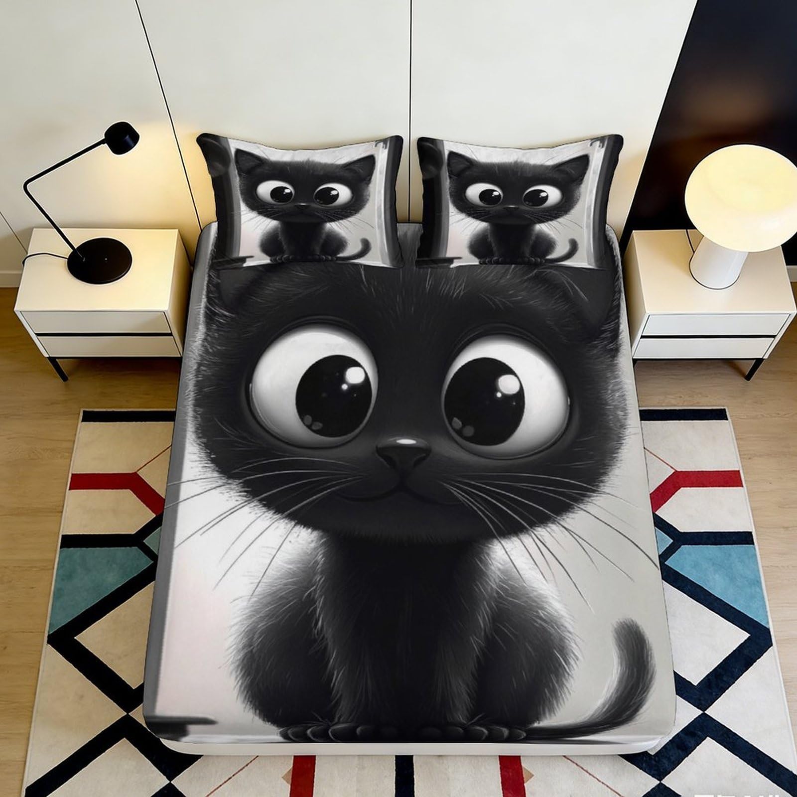 3D Printed Cartoon Black Cat Fitted Sheet Microfiber Deep Pocket Non-Slip Black Cat Mattress Fitted Cover for All Ages Bedding 90x200x25cm
