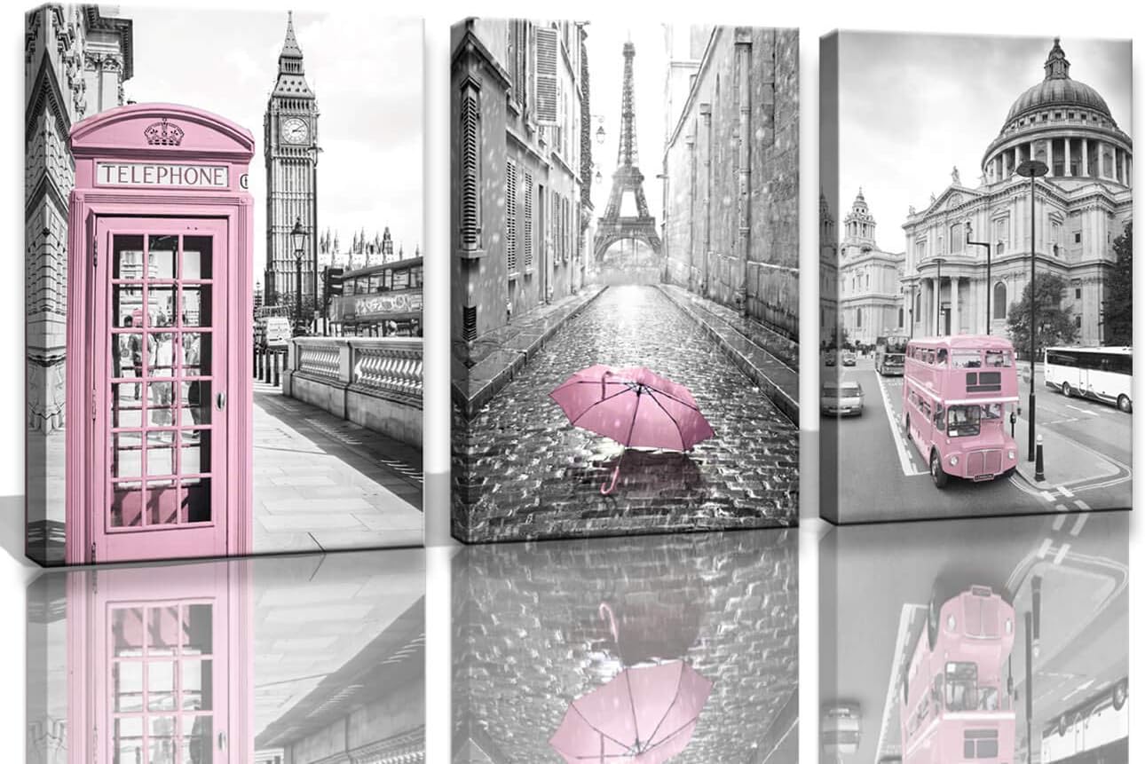 - Paris Eiffel Tower Decor for Bedroom Girls - Pink Paris Theme Room Wall Art Canvas - Black and White Eiffel Tower Pictures - London Big Ben Tower Painting Framed