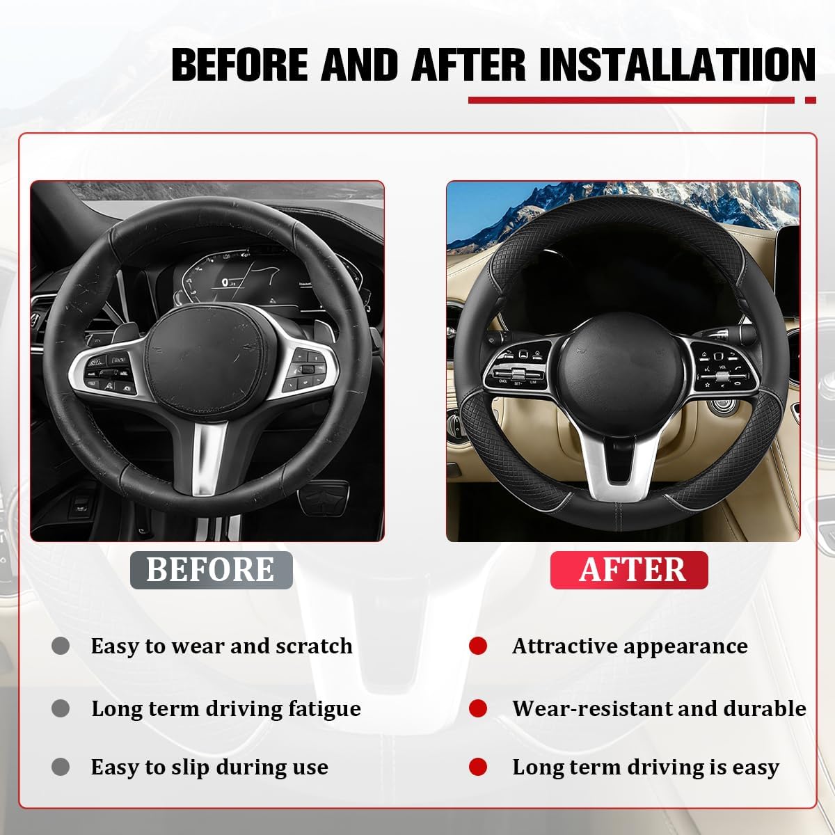 Car Steering Wheel Cover, Leather Comfort Grip O-Shape Vehicle Steering Wheel Protector with Anti-Slip Lining, Auto Interior Protective Accessories, Universal for SUV RV Truck (Black/Gray)