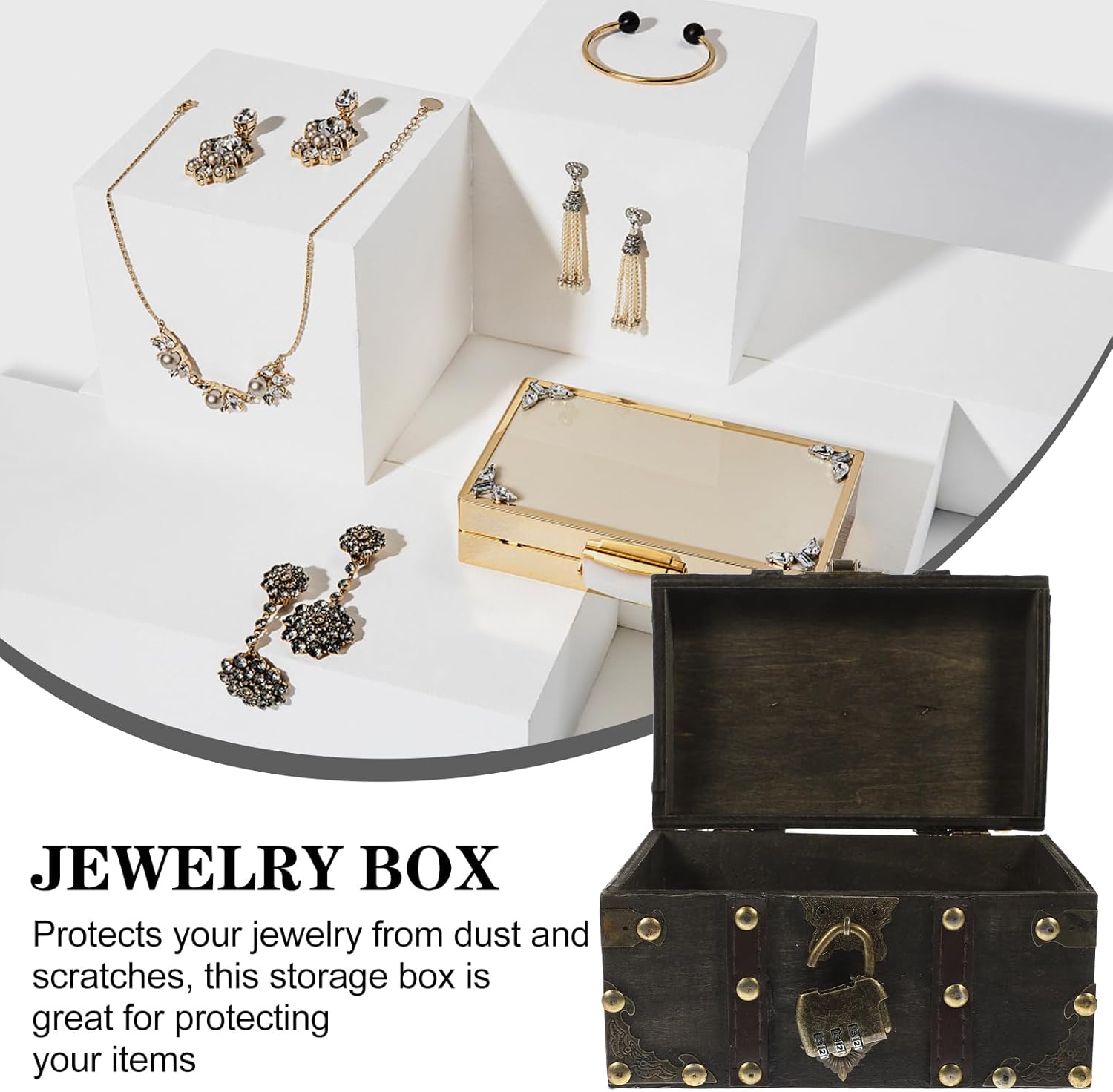 Cabilock Wooden Storage Box Wooden Box Large Capacity Vintage Decorative Storing Organizer with Lock Treasure Earring Organizer