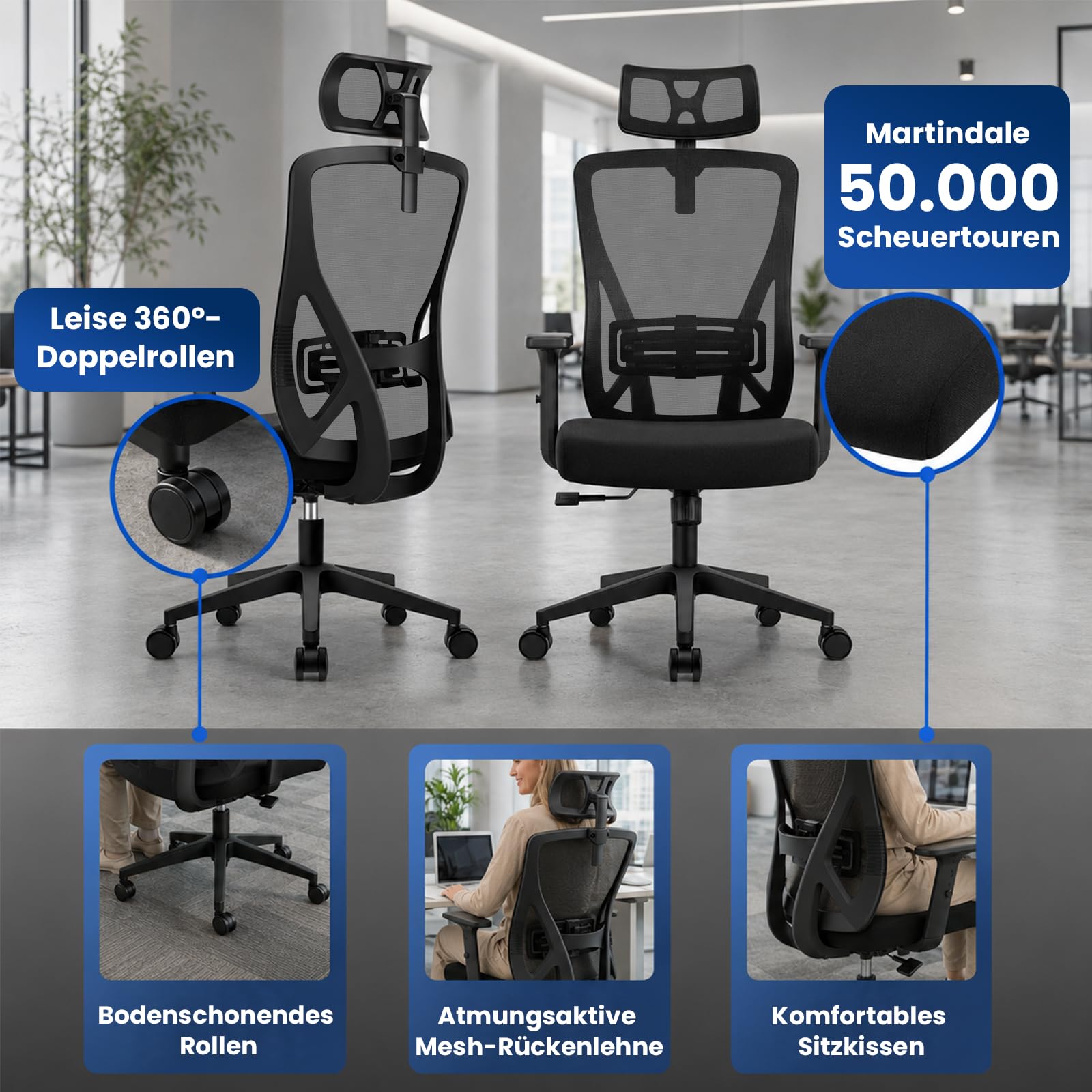 Bürostuhl ergonomisch, Schreibtischstuhl mit Kopfstütze, Lordosenstütze und höhenverstellbaren Armlehnen, Drehstuhl mit 90°-130° Wippfunktion, Netzstuhl bis 150 kg für Homeoffice