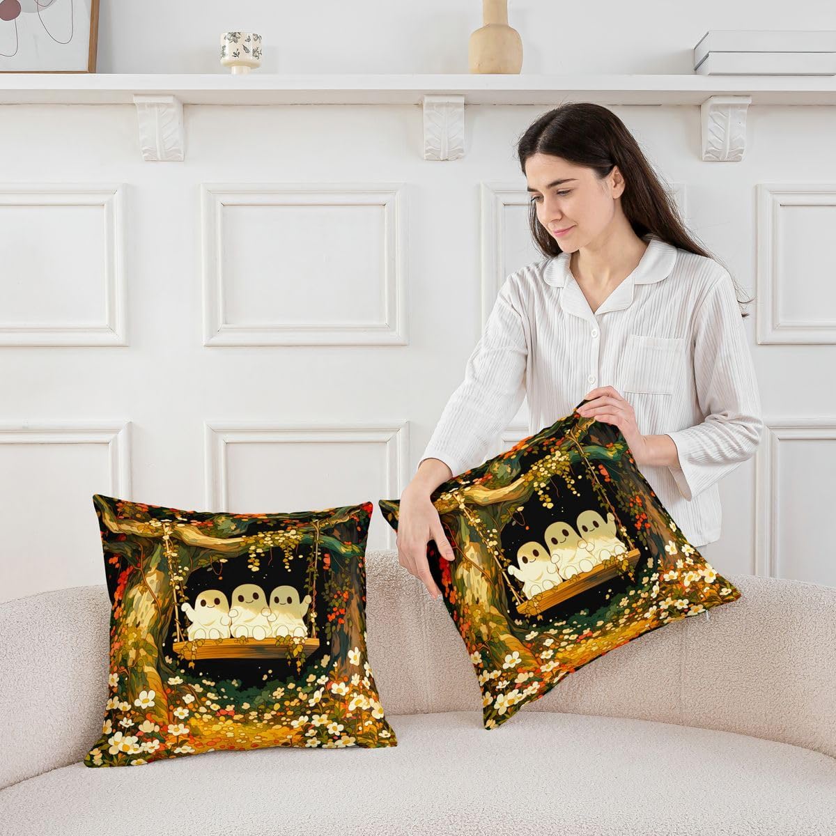 Castle Fairy Warm Autumn Ghost Swing Throw Pillow Cover Colorful Tree Blossom Double Sides Pillow Case for Kids Boys Girls Room Decor,Fall Cottage Cushion Cover for Bed Couch Sofa,4 Pack 18"x18" image 2