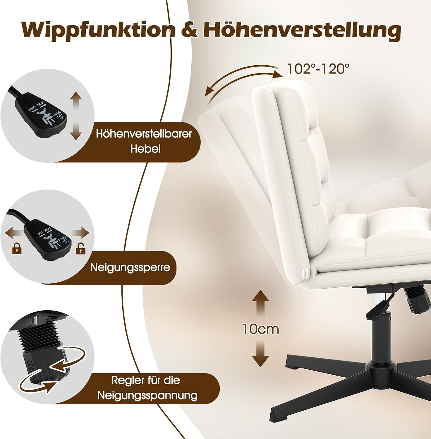 COSTWAY Tailoring Chair, Office Chair without Armrests, Height-Adjustable Desk Chair with Thick Faux Leather Padding, Wide Makeup Chair, Swivel Chair for Bedroom, Office (White) image 4