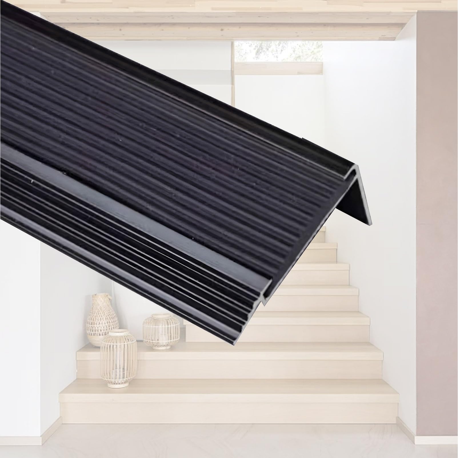 Protector de Nariz de Escalera De Goma Antideslizante 135/145cm, Perfil de Borde de Escalera de Aluminio 8,5cm, Moldura de Borde de Escalón en Forma de L Negro(130x8.5x2.1cm)