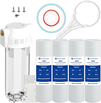 Whole House/RV Water Filter Housing Clear, 10" X 2.5" Inline Sediment Water Filter for RV, Home, Garden, Aquarium, 3/4" NPT Brass Port, R-Type O-Ring, Heavy Duty Bracket, with 4xPP Filter