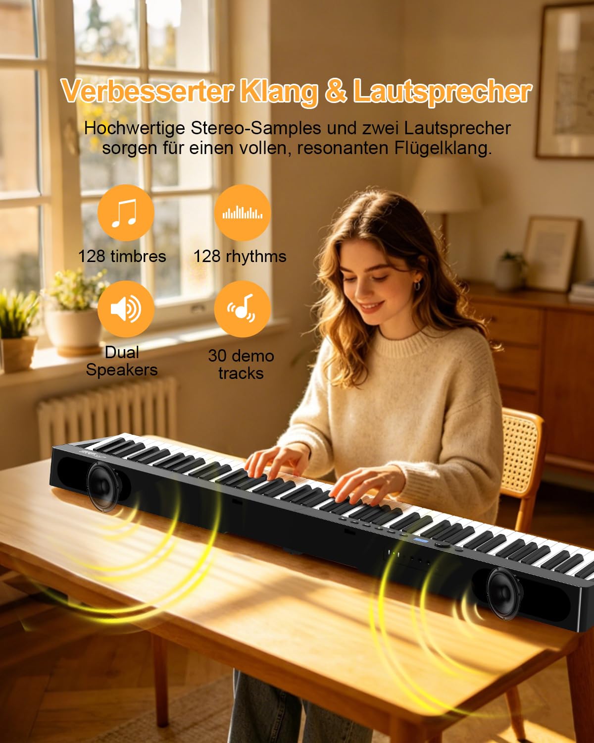 OYAYOFaltbares 88 Tasten Gewichteten Tasten Digitalpiano, Bluetooth MIDI & Audio, 128 Klänge & Rhythmen, 2600mAh Akku Stereolautsprecher, Elektronisches Klavier für Einsteiger & Musiker