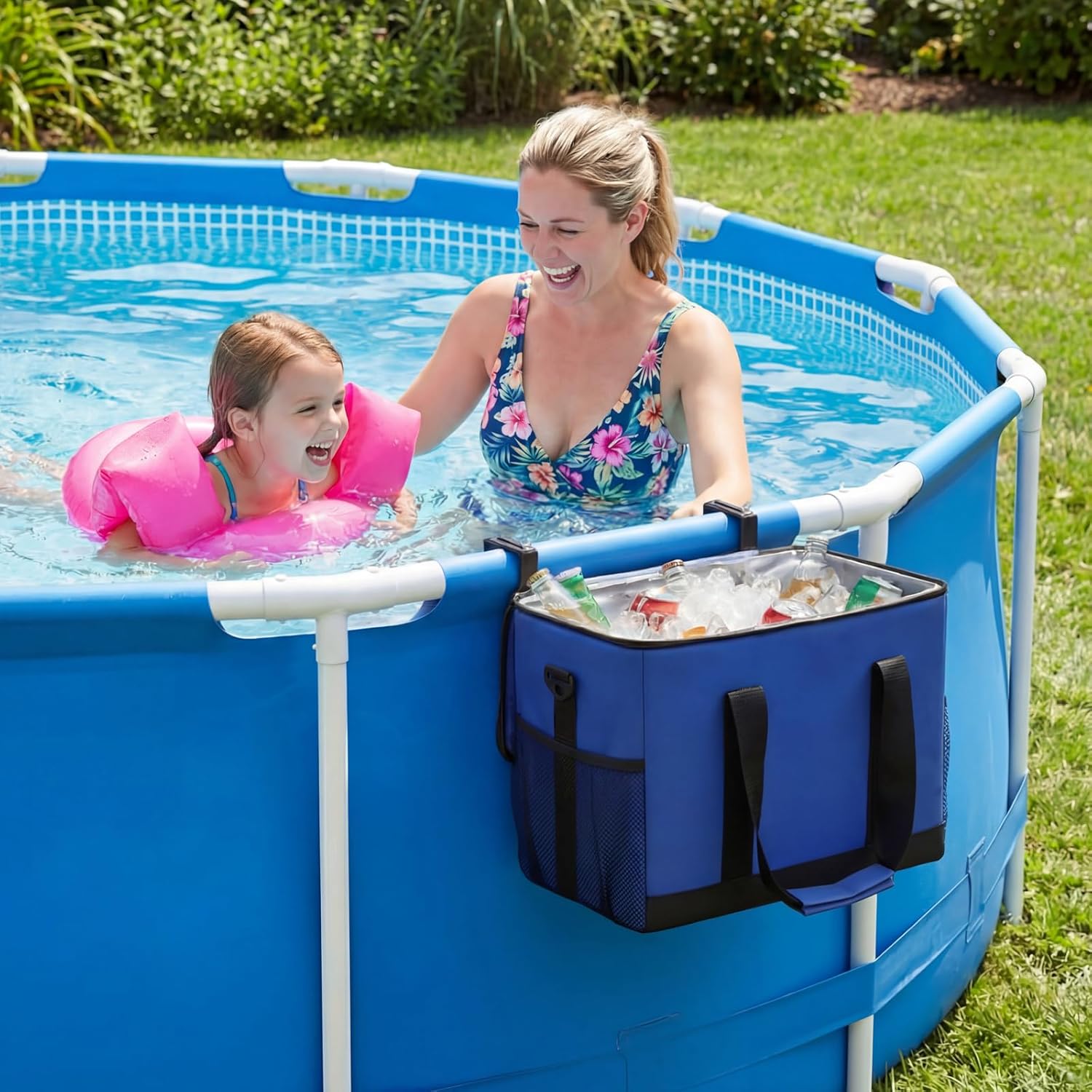 Pool Cooler for Above Ground Pool, 27L Poolside Insulated Cooler Bag with Adjustable Metal Stand Waterproof Ice Chest Holder with Aluminum Foil Liner for Summer Poolside Accessories(Blue)
