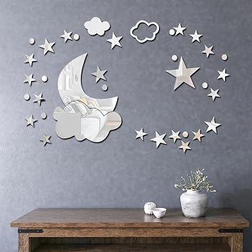 Mirror Wall Stickers Sun Decor Cloud Wall Decals Stars Stickers Decor Removable 3D Acrylic Mirror for Ceiling Home Bedroom Living Room Girls Room DecorSilver