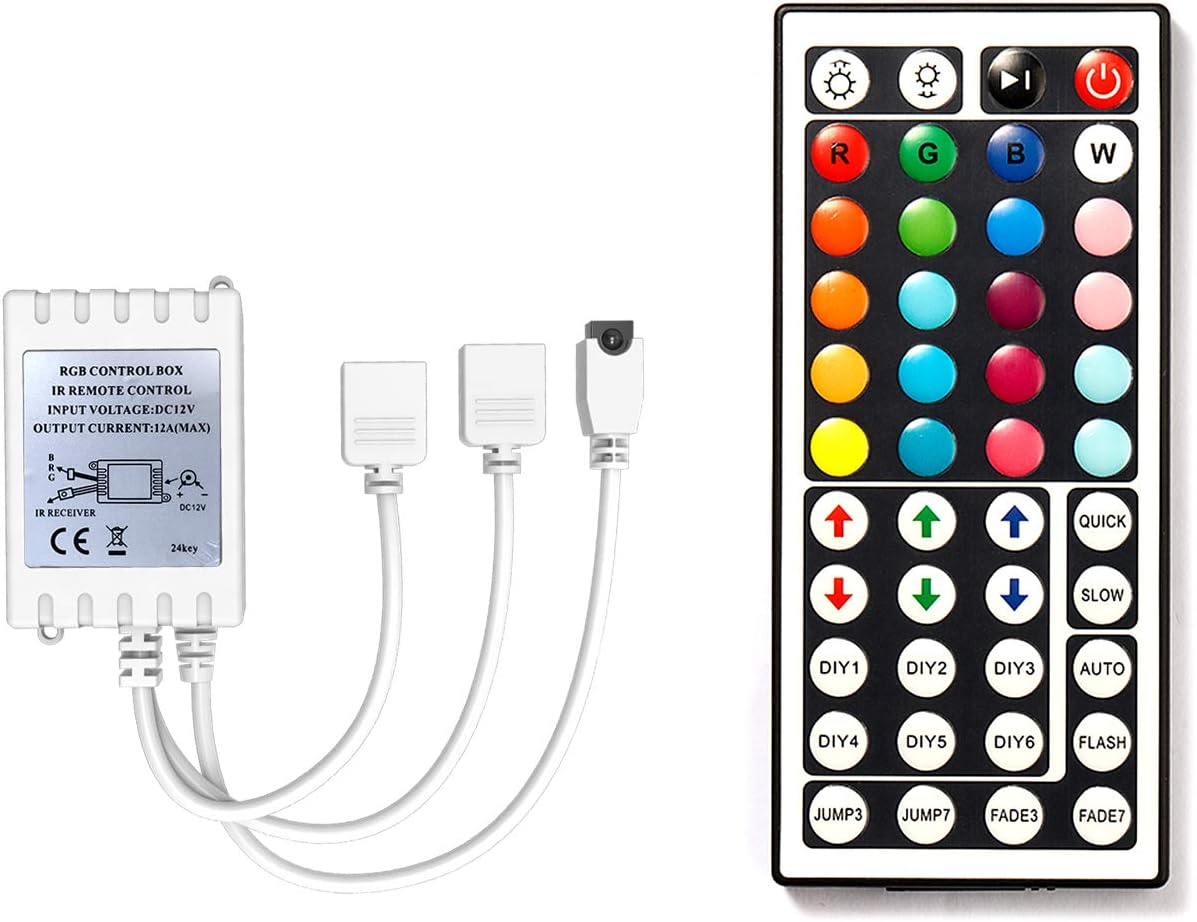 DAYBETTER Led Lights 2 Ports 44 Key Remote Control, Dimmer for Strip, 4 Pin Output Remote Controller for Led Strips 12 24V DC Tape Light (Without Power Adapter)