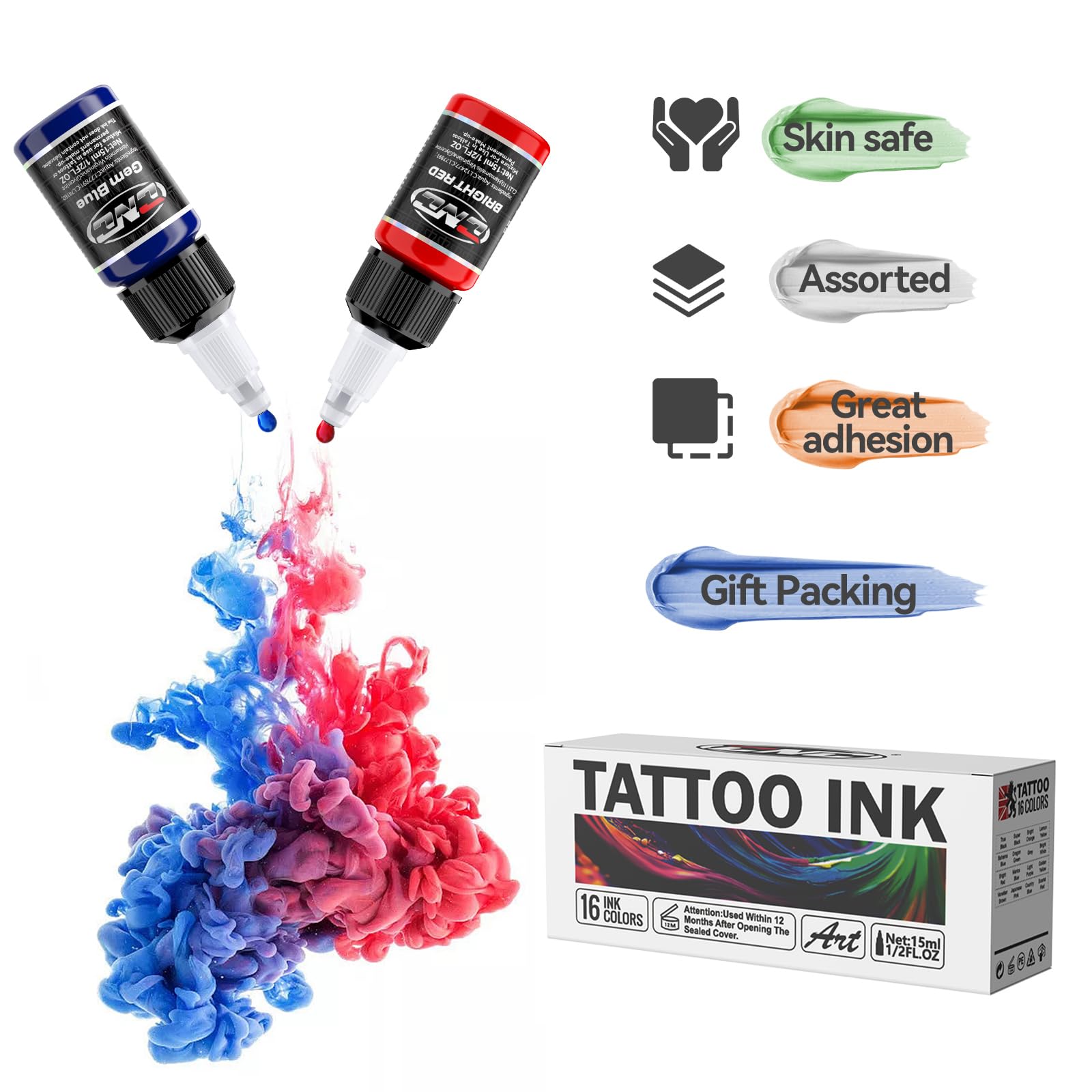 CNC Kit de pintura de tatuaje – Kit de 16 colores básicos 1 oz (15 ml) 16 unidades – Tinta de tatuaje – Set de tinta para tatuajes TI6003-15-16