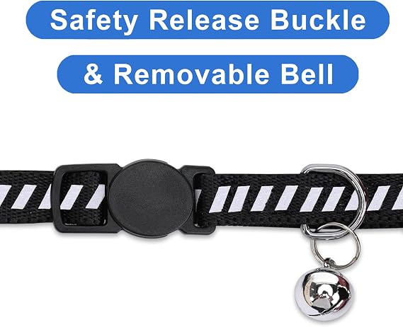 Pawtitas Personalized Black Reflective Cat Collar Adjustable Custom Collar with Safety Buckle, Removable Bell, and Engraved Name & Phone Number for Kittens and Adult Cats