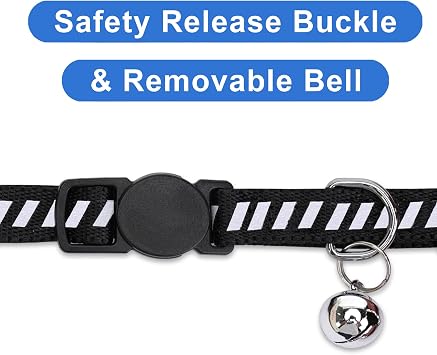 Pawtitas Personalized Black Reflective Cat Collar Adjustable Custom Collar with Safety Buckle, Removable Bell, and Engraved Name & Phone Number for Kittens and Adult Cats