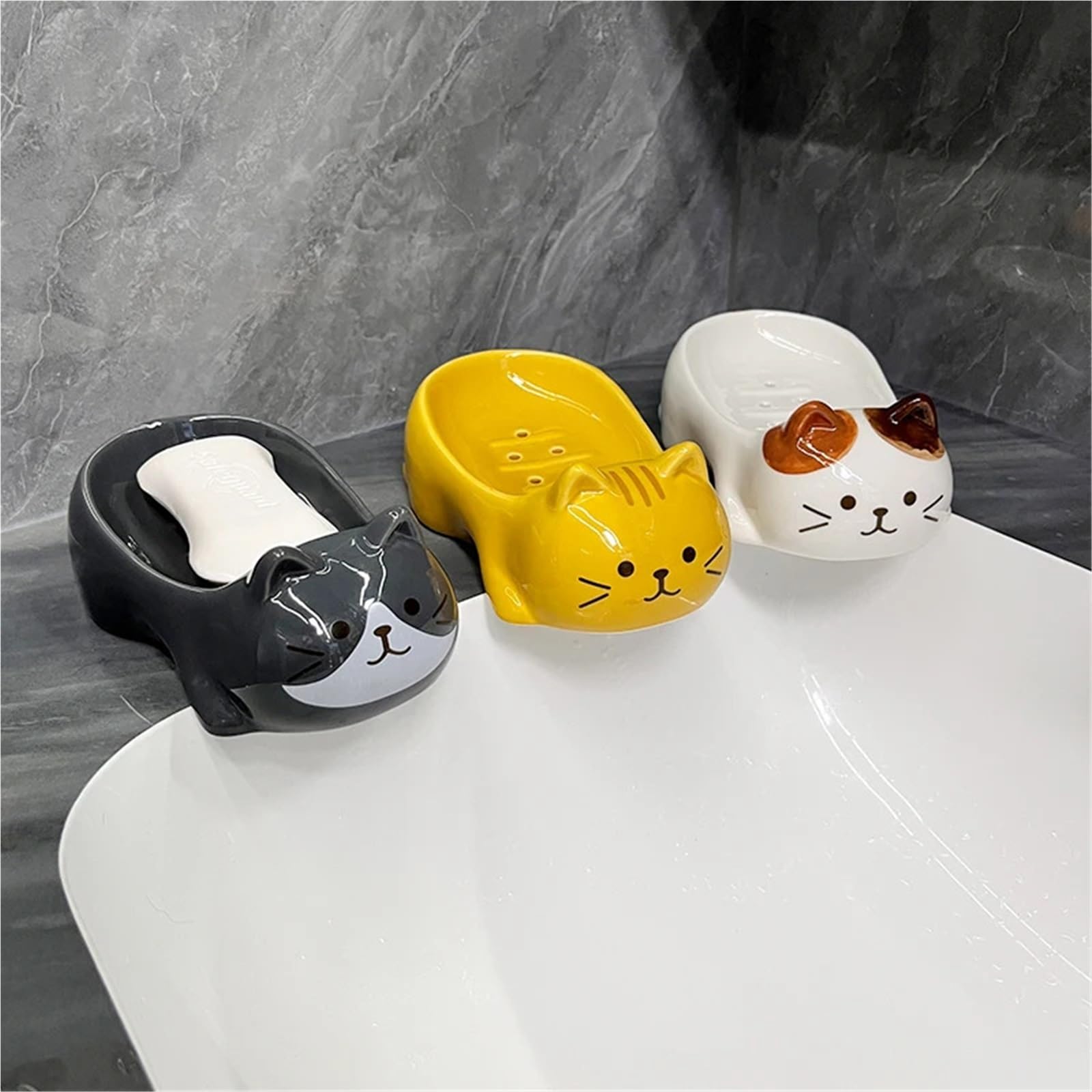 Jabonera Caja de jabón cerámica | Rejilla De Drenaje Decoración De Baño Plato Lindo(Grey cat)