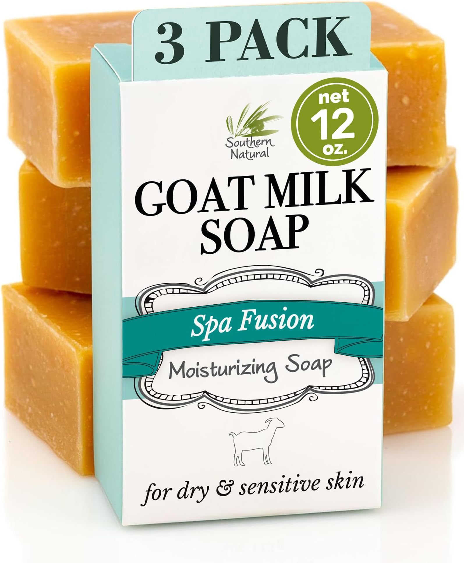 Southern Natural Goat Milk Soap Bar - 3 Pack Essential Oil Blend - For Dry Sensitive Skin. Natural Handmade Face & Body Soap For Men & Women. (Net 12 oz)