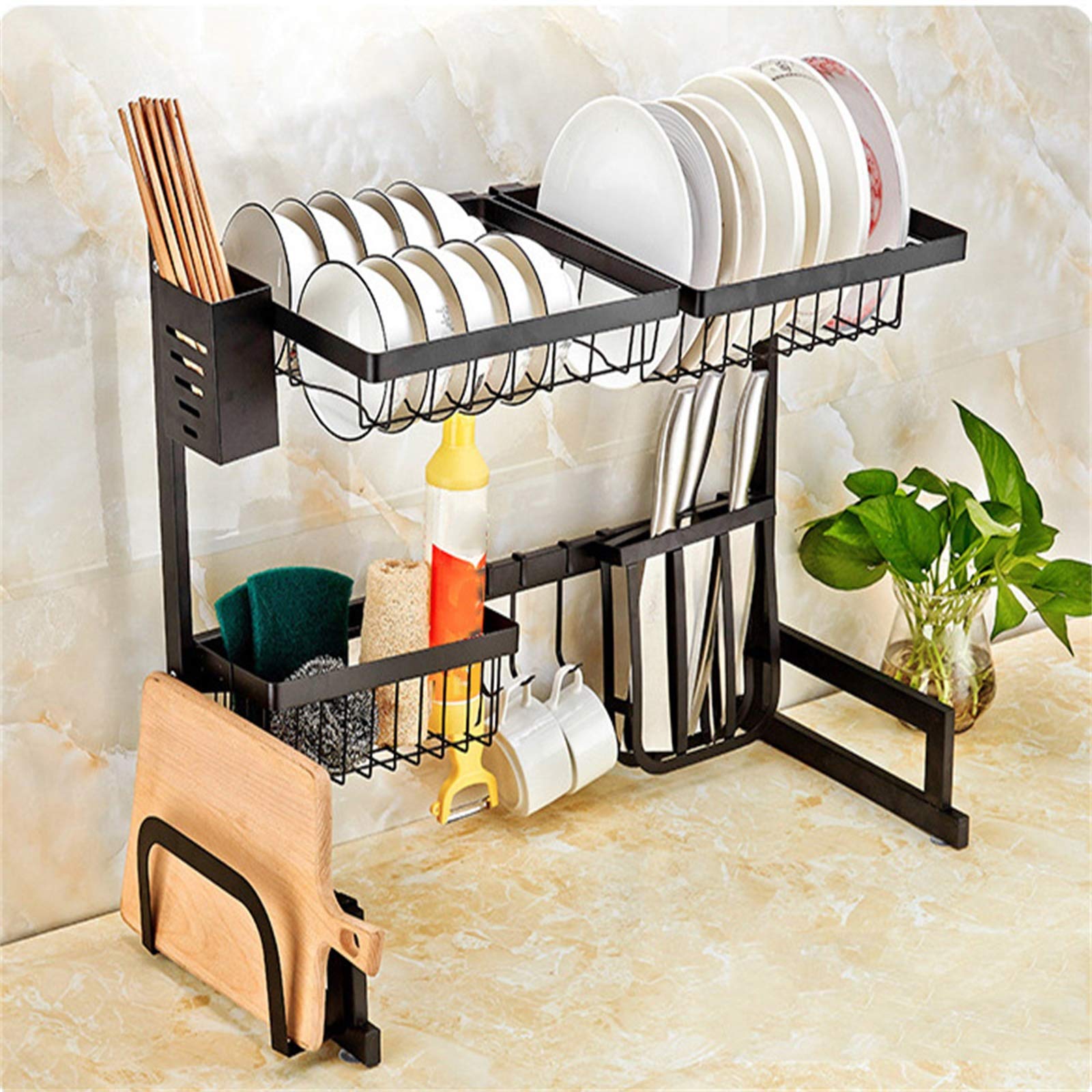Scolapiatti su 2 Livelli, Sgocciolatoio in Acciaio Compatto & Robusto, Salvaspazio, 65x32x52 Cm, Nero, Inox, 85 X 32 X52 Cm