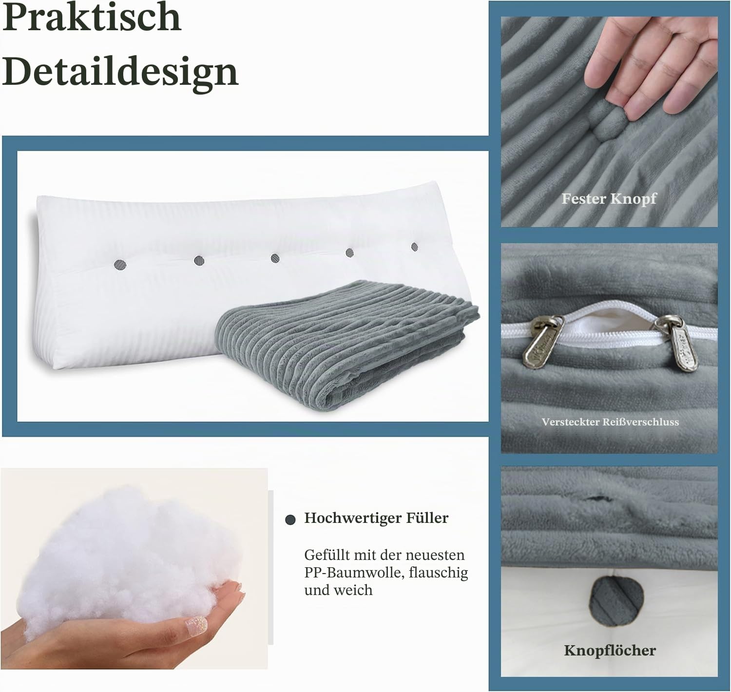 Rückenkissen Keilkissen Rückenlehne Kissen für Bett Sofa Kopfteil Gepolstert Bettkissen Wandkissen Sofakissen Groß Rueckenkissen Couchkissen Dekokissen Kordsamt Grau 100cm